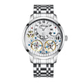 Men's double tourbillon automatic mechanical watch with 41mm round dial, genuine leather strap, and see-through case back