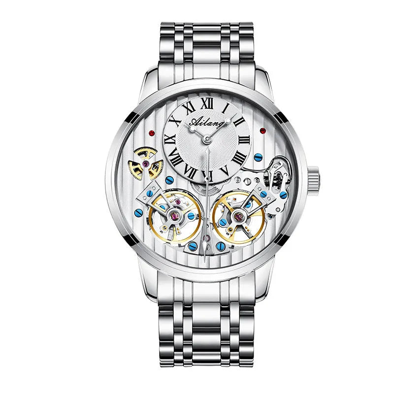 Men's double tourbillon automatic mechanical watch with 41mm round dial, genuine leather strap, and see-through case back