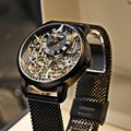 Men's automatic double tourbillon mechanical watch with 41mm round dial, genuine leather strap, mineral glass, and skeleton case back