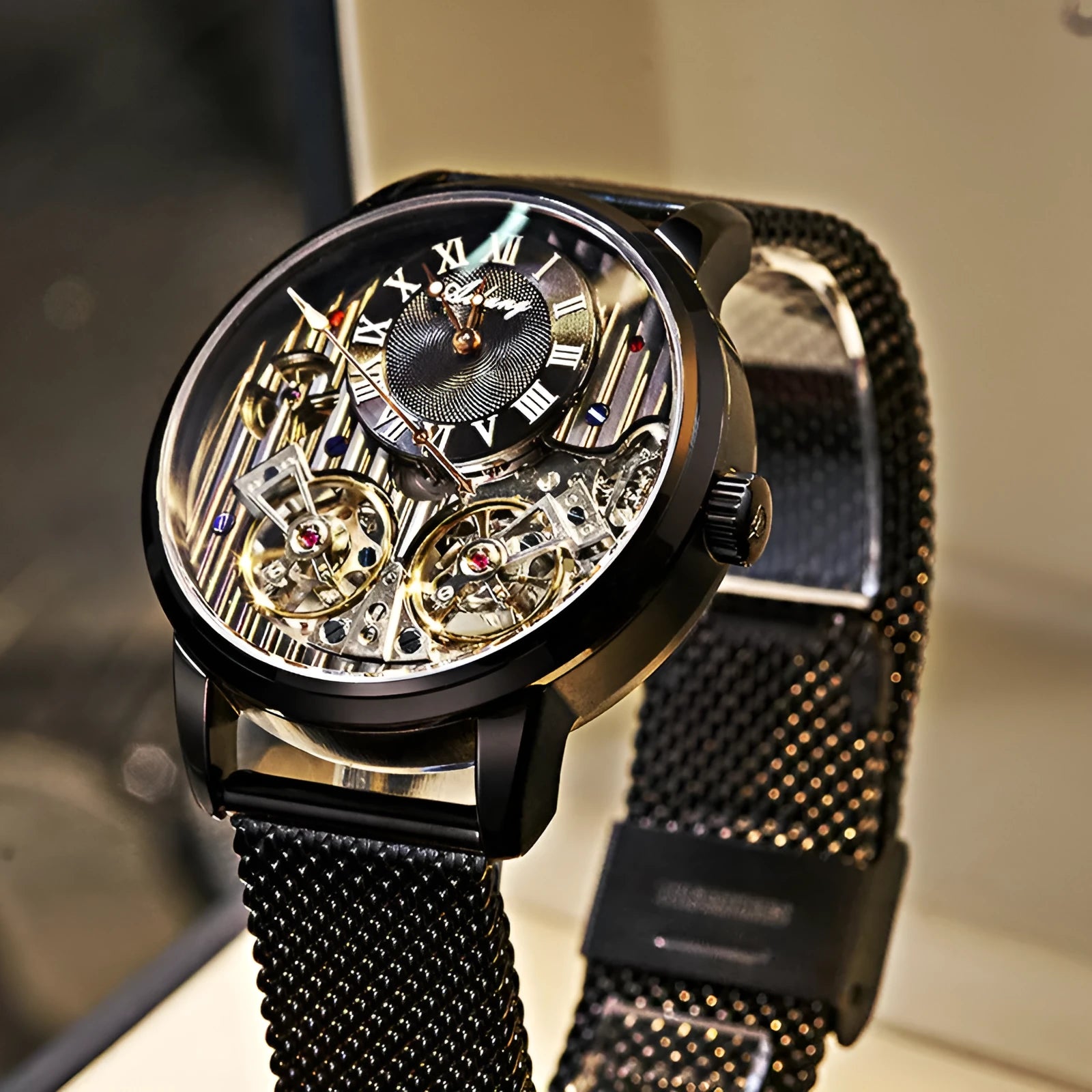 Men's automatic double tourbillon mechanical watch with 41mm round dial, genuine leather strap, mineral glass, and skeleton case back