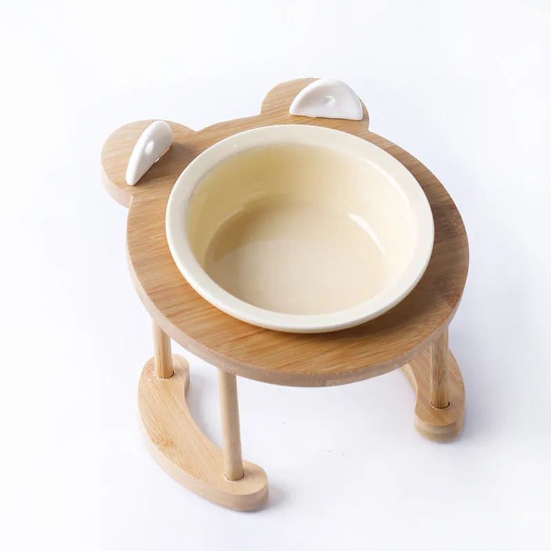 Ceramic cat bowl with bamboo rack on non-slip base, 15° tilt angle for comfortable feeding