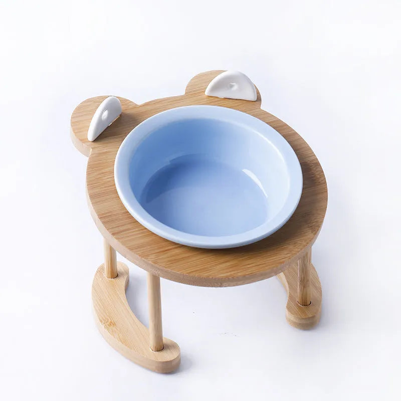 Ceramic cat bowl with bamboo rack on non-slip base, 15° tilt angle for comfortable feeding