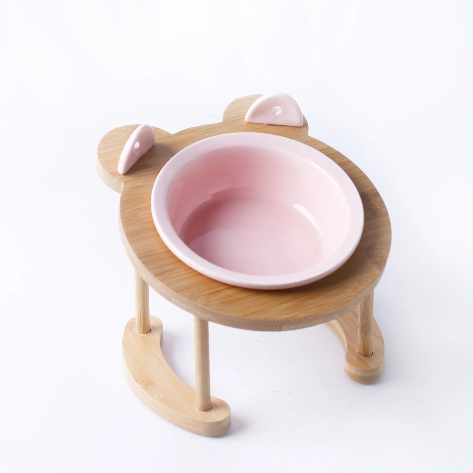 Ceramic cat bowl with bamboo rack on non-slip base, 15° tilt angle for comfortable feeding