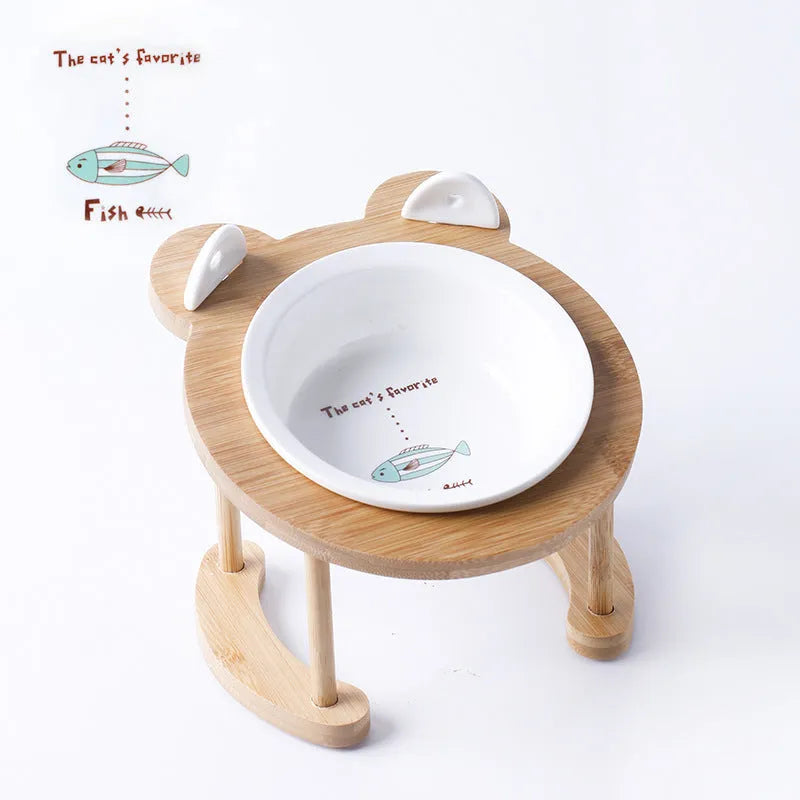 Ceramic cat bowl with bamboo rack on non-slip base, 15° tilt angle for comfortable feeding