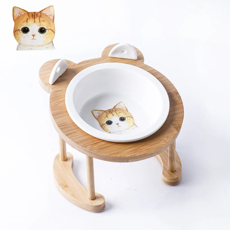 Ceramic cat bowl with bamboo rack on non-slip base, 15° tilt angle for comfortable feeding