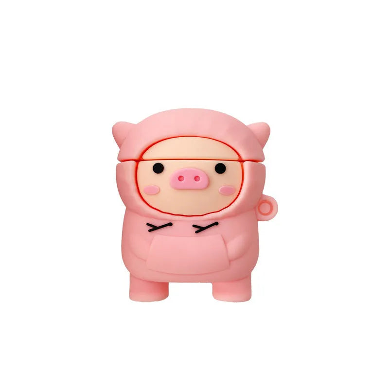 Silicone AirPods case with flip cover showing cartoon pink pig design compatible with Apple wireless headphones
