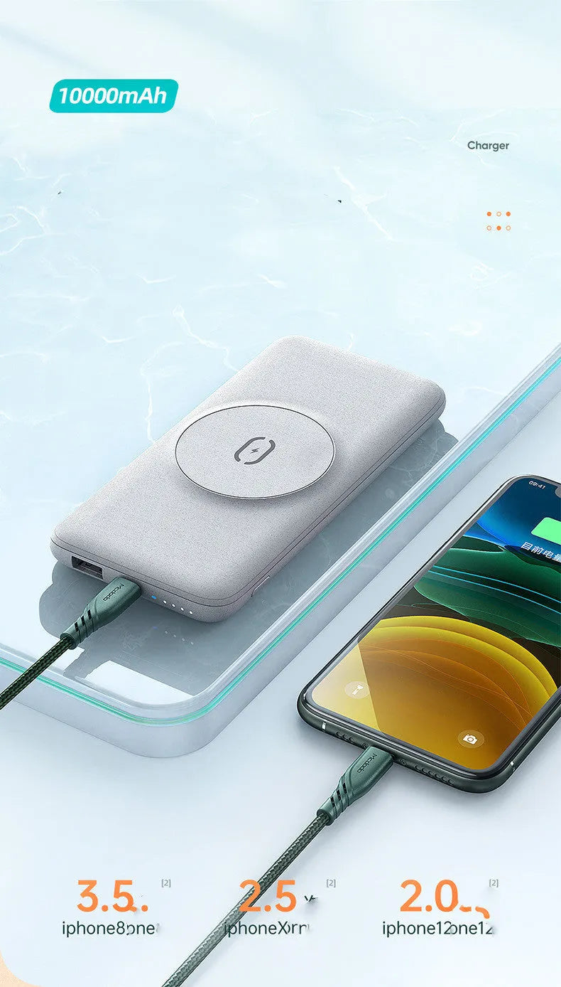 Mint green Maiduo MagSafe power bank with back clip attached to an iPhone, showing magnetic wireless charging.