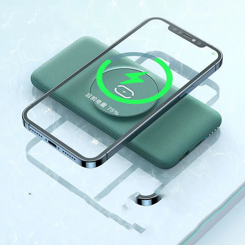 Mint green Maiduo MagSafe power bank with back clip attached to an iPhone, showing magnetic wireless charging.