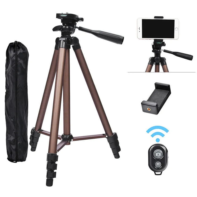 Aluminium alloy portable tripod extended to 1.3 metres with hydraulic PTZ mount and mobile phone holder