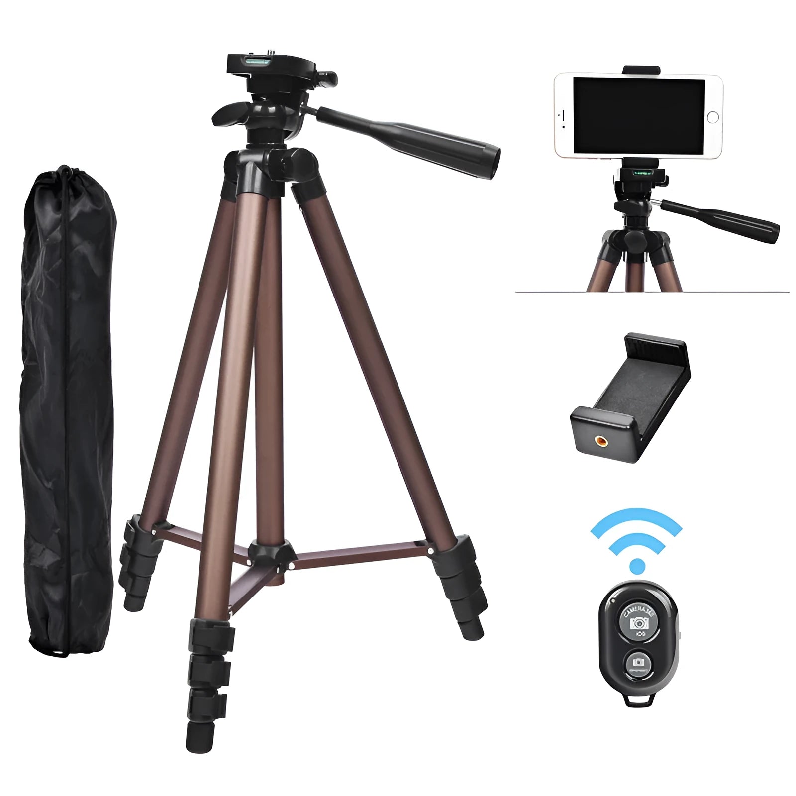 Aluminium alloy portable tripod extended to 1.3 metres with hydraulic PTZ mount and mobile phone holder