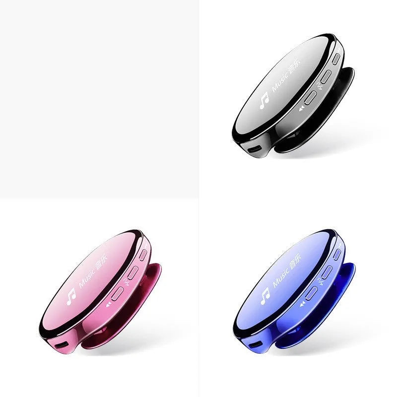 Blue Bluetooth MP4 music player with OLED screen showing music menu.