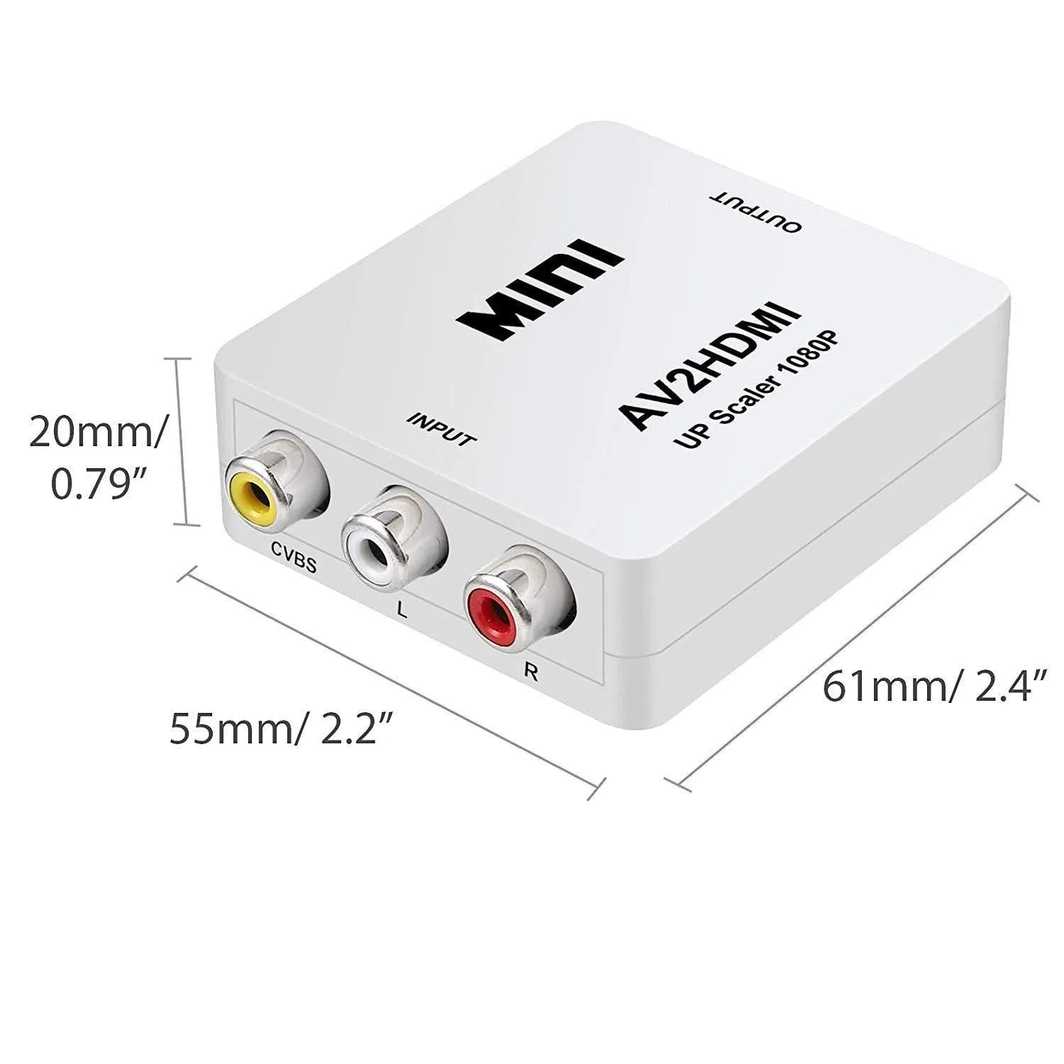 Black and white AV to HDMI converter with 0.5 metre cable showing connection ports