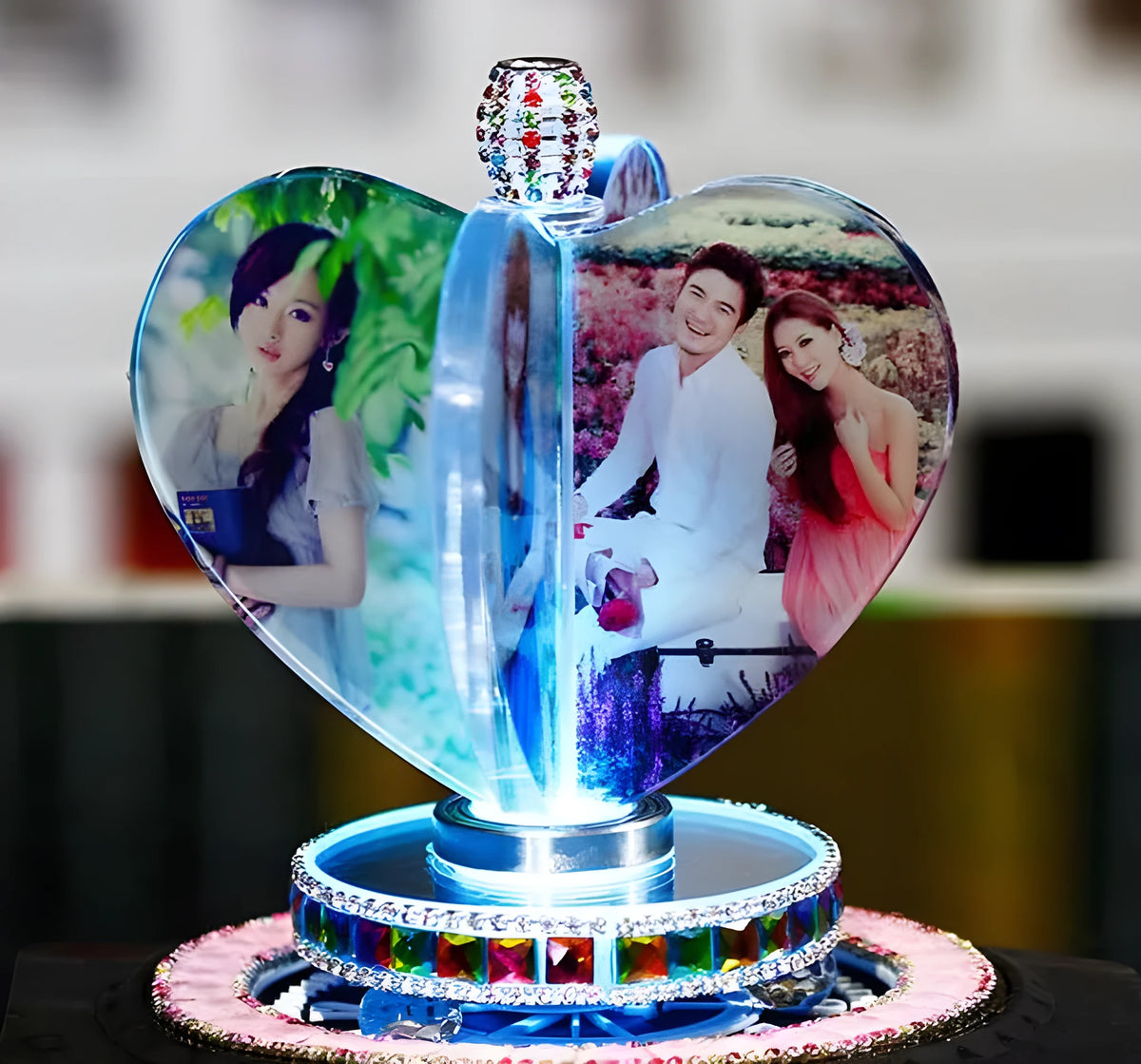 Custom crystal love album with rotating lamp holder and rose bouquet gift