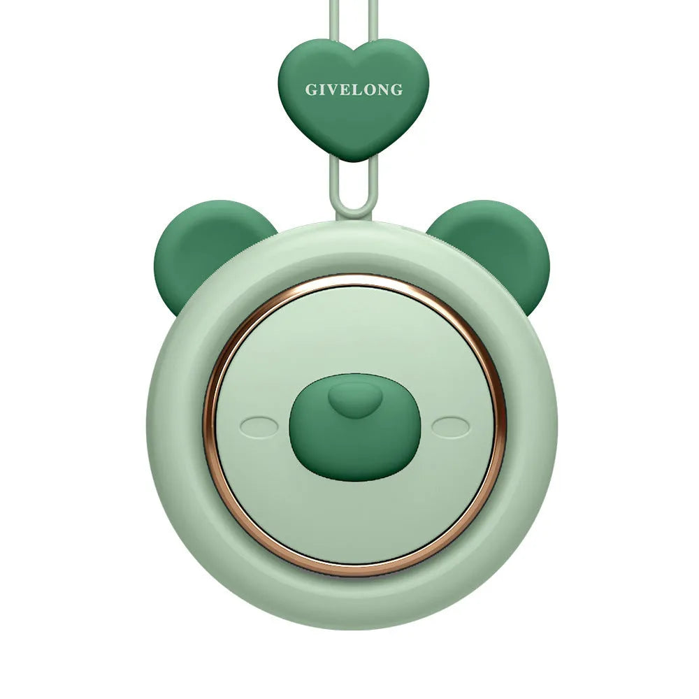 Mini bladeless neck band fan in multiple colours with hanging rope and USB cable.