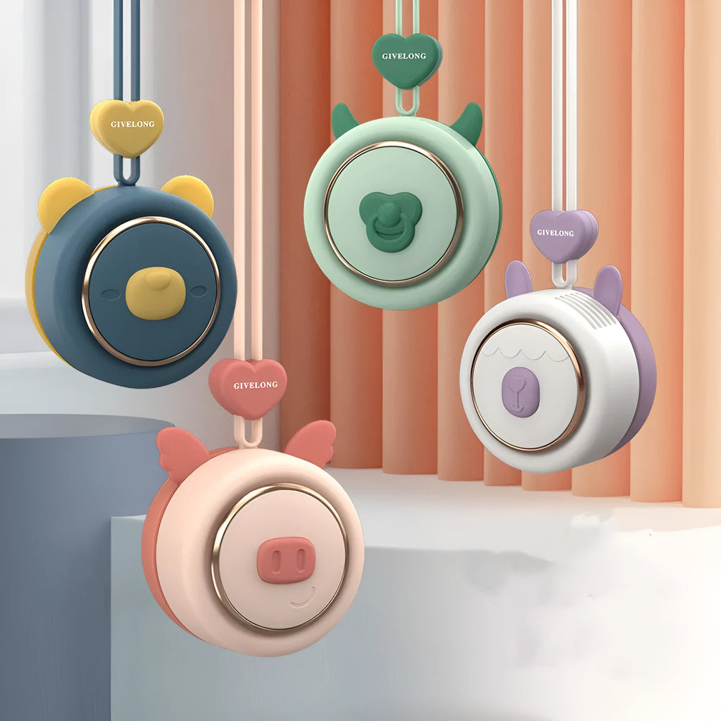 Mini bladeless neck band fan in multiple colours with hanging rope and USB cable.