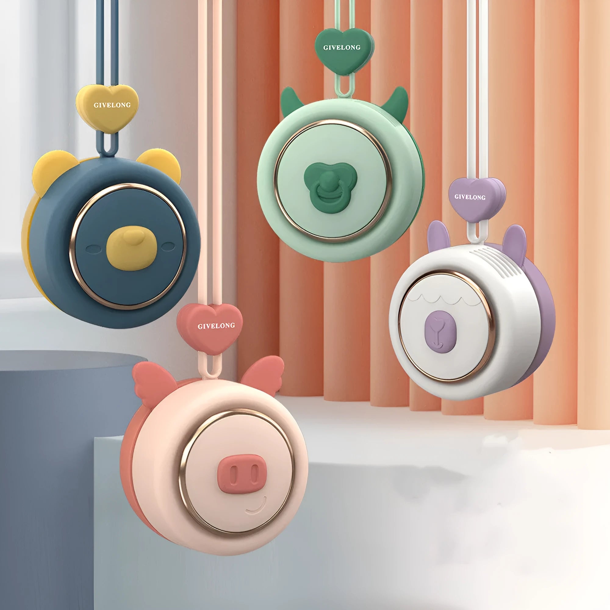 Mini bladeless neck band fan in multiple colours with hanging rope and USB cable.
