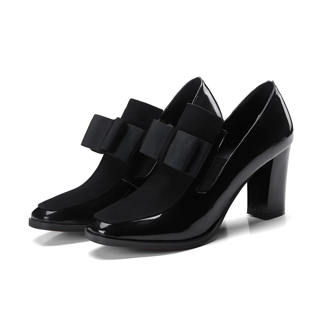 Black and wine red women's leather high heels with a thick square heel and square toe.