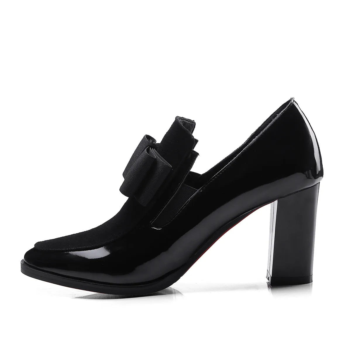 Black and wine red women's leather high heels with a thick square heel and square toe.