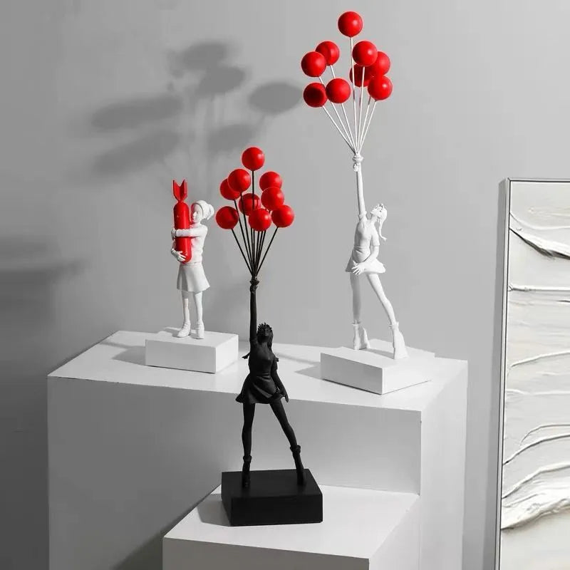 Bubble Girl character sculpture decoration in natural resin, simple modern style, available in white and black colour options