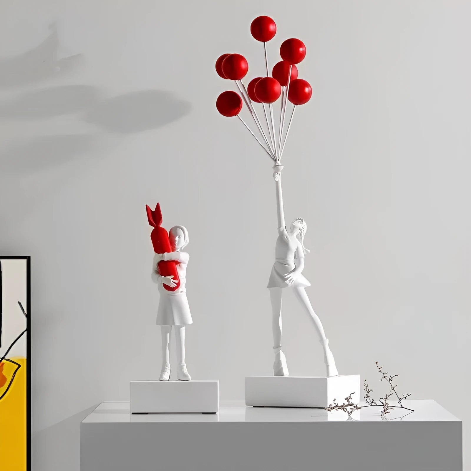Bubble Girl character sculpture decoration in natural resin, simple modern style, available in white and black colour options