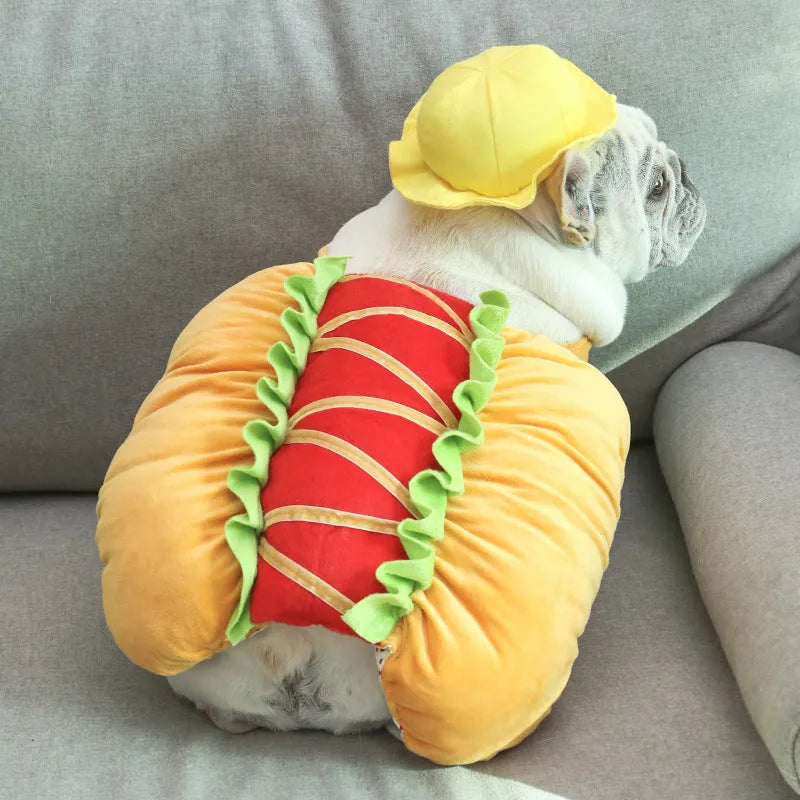 Yellow dog hot dog burger crossdress costume on a dog, showing FB one-size fit with fabric details