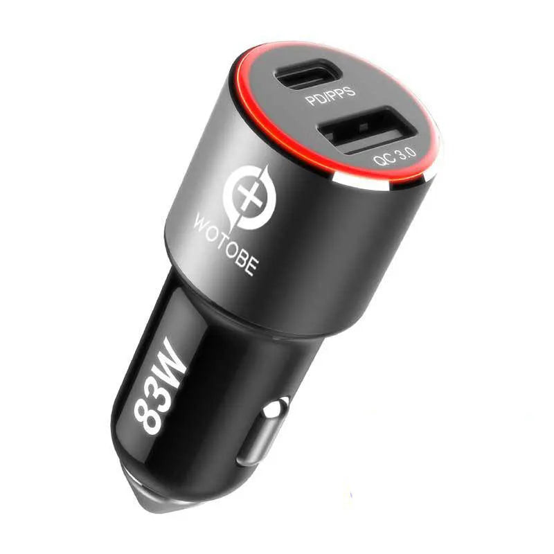 83W dual-port fast car charger with USB-C and USB-A plugs inserted into a car cigarette lighter socket