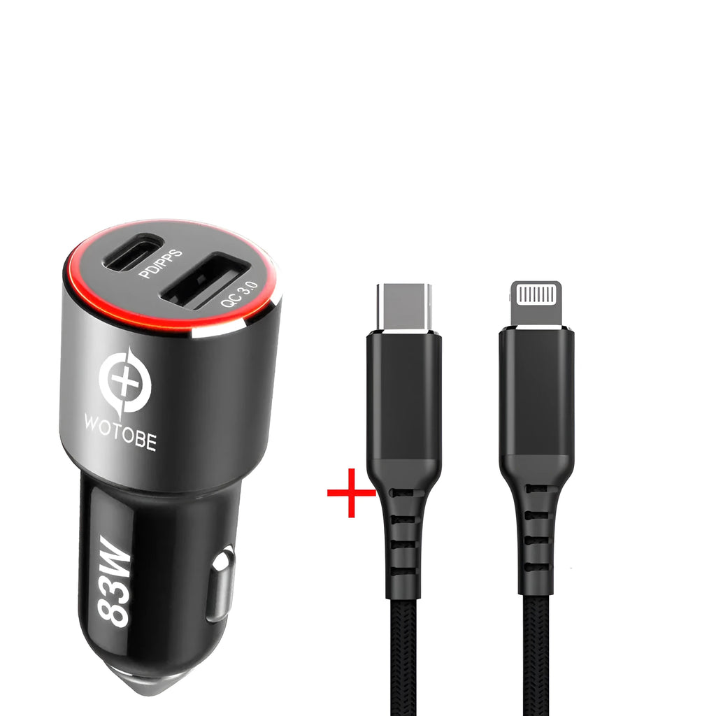 83W dual-port fast car charger with USB-C and USB-A plugs inserted into a car cigarette lighter socket