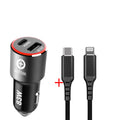 83W dual-port fast car charger with USB-C and USB-A plugs inserted into a car cigarette lighter socket