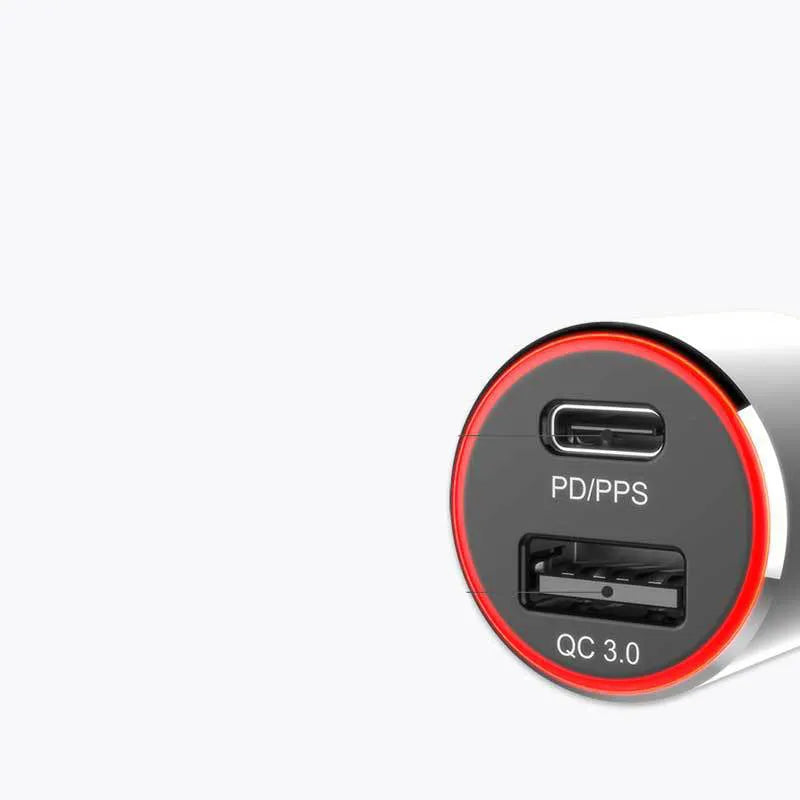 83W dual-port fast car charger with USB-C and USB-A plugs inserted into a car cigarette lighter socket