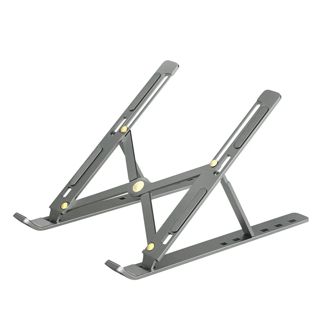 Aluminium alloy folding laptop heightening bracket in black on a desk with a notebook