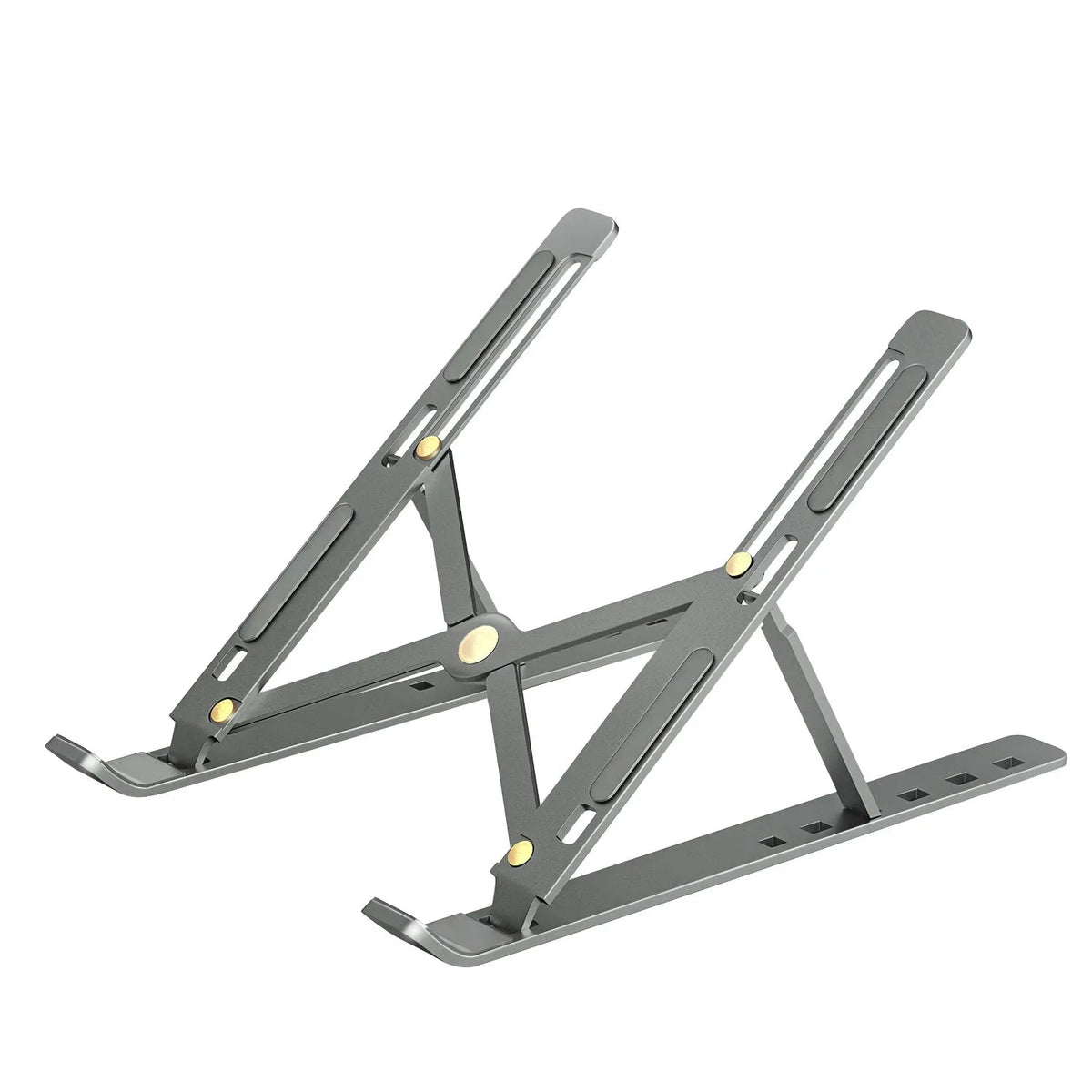 Aluminium alloy folding laptop heightening bracket in black on a desk with a notebook