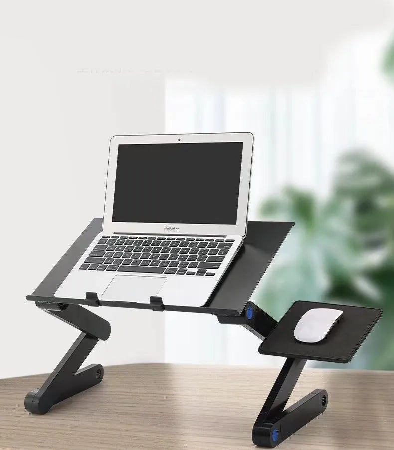 Folding black aluminium laptop cooling base with two fans and 1m power cord on a desk