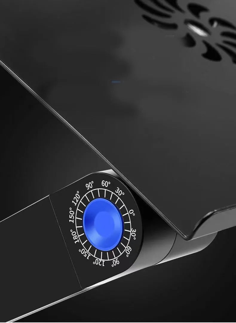 Folding black aluminium laptop cooling base with two fans and 1m power cord on a desk