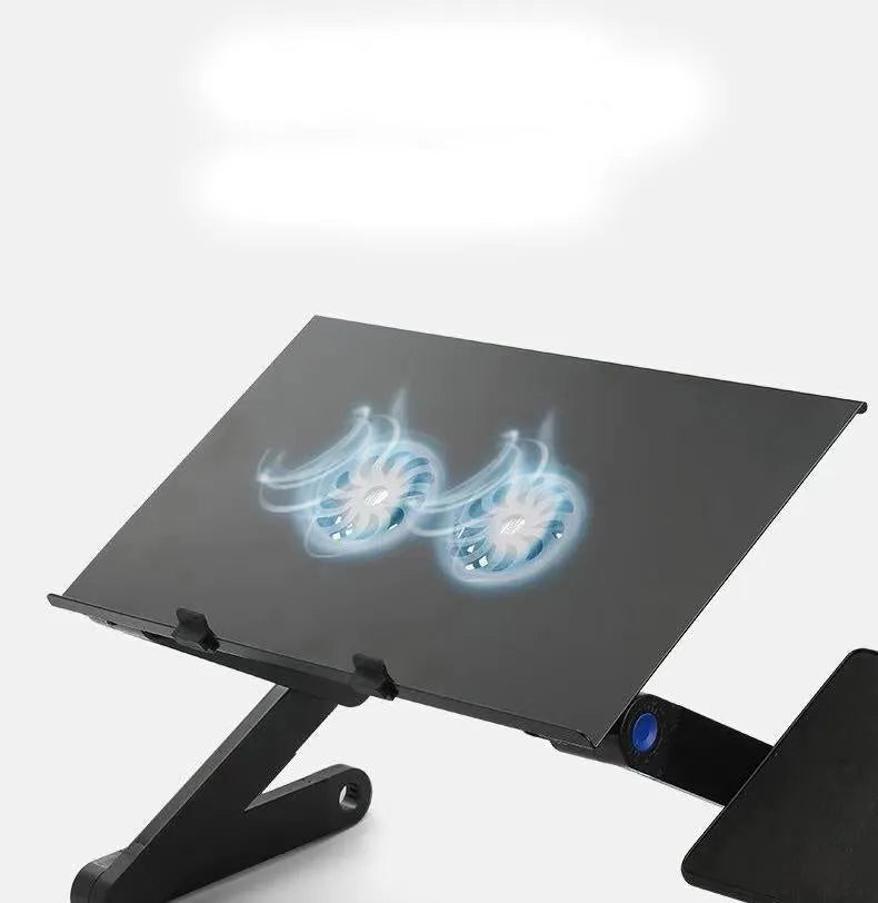 Folding black aluminium laptop cooling base with two fans and 1m power cord on a desk