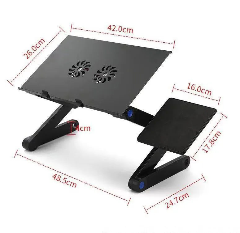 Folding black aluminium laptop cooling base with two fans and 1m power cord on a desk