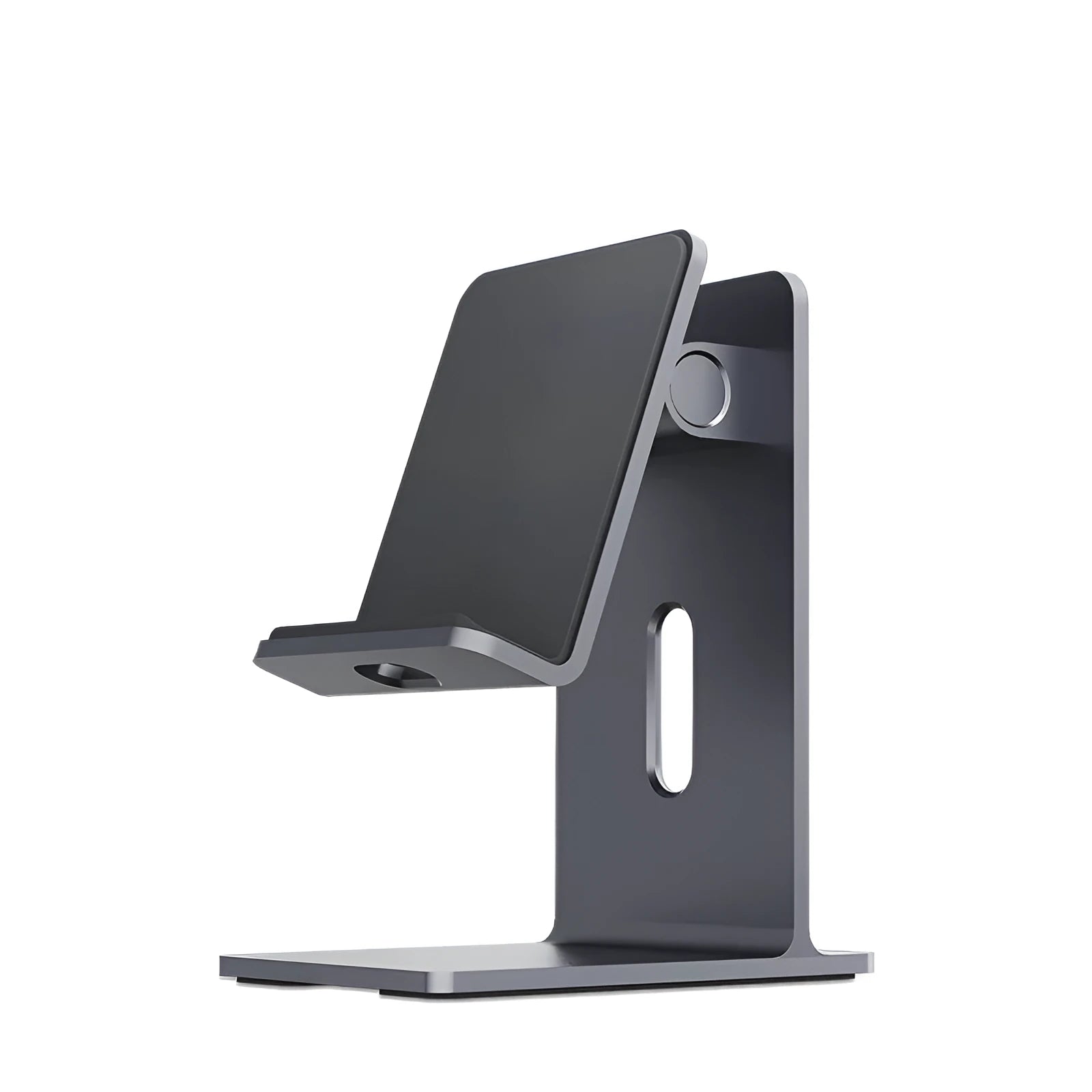 Dark Space Grey aluminium alloy mobile phone holder with adjustable lazy bracket arm and clamp on a wooden desk.