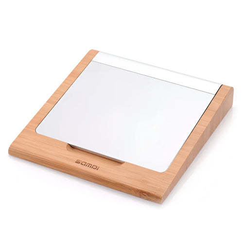 Apple Bluetooth touchpad bracket in natural bamboo wood showing dimensions and tablet compatibility