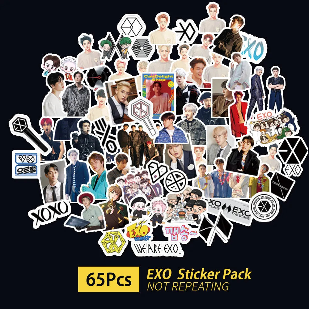 Star-shaped K-pop group luggage stickers featuring Exo, NCT127, Stray Kids designs.