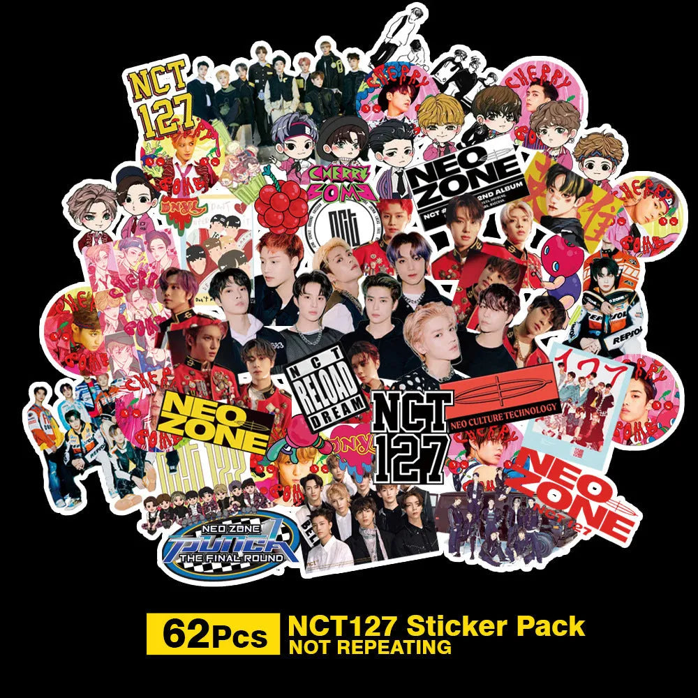 Star-shaped K-pop group luggage stickers featuring Exo, NCT127, Stray Kids designs.