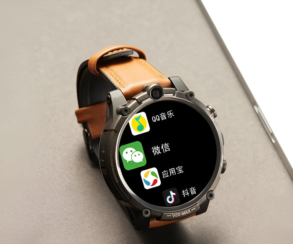 Black smartwatch with 1.6-inch screen showing interface, featuring 4G connectivity, dual camera, and heart rate monitoring.
