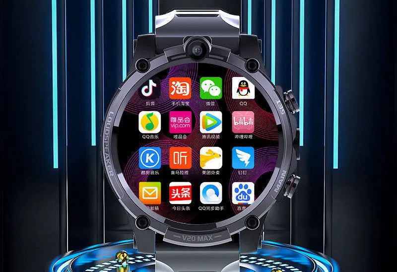 Black smartwatch with 1.6-inch screen showing interface, featuring 4G connectivity, dual camera, and heart rate monitoring.
