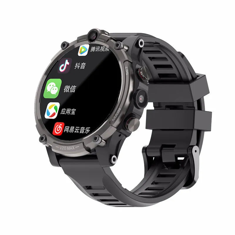 Black smartwatch with 1.6-inch screen showing interface, featuring 4G connectivity, dual camera, and heart rate monitoring.