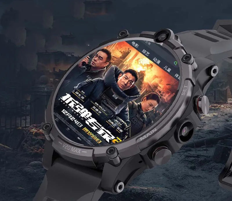 Black smartwatch with 1.6-inch screen showing interface, featuring 4G connectivity, dual camera, and heart rate monitoring.