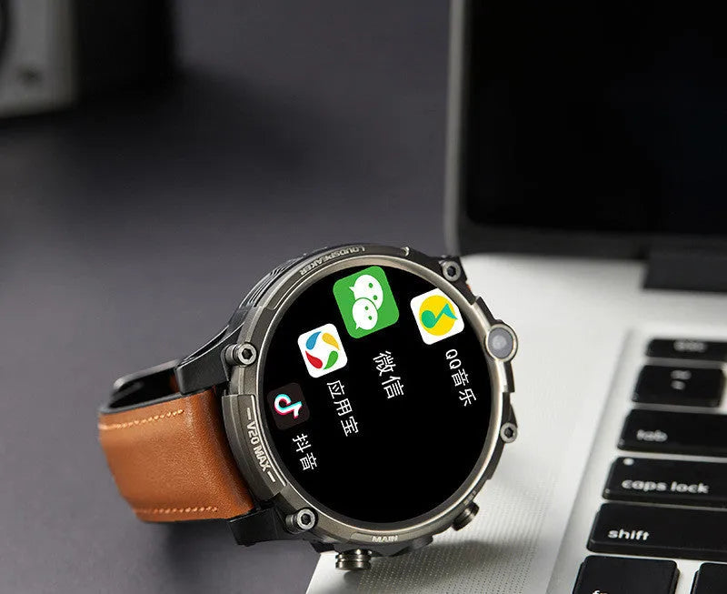 Black smartwatch with 1.6-inch screen showing interface, featuring 4G connectivity, dual camera, and heart rate monitoring.