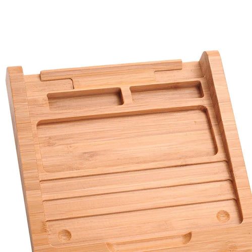 Apple Bluetooth touchpad bracket in natural bamboo wood showing dimensions and tablet compatibility
