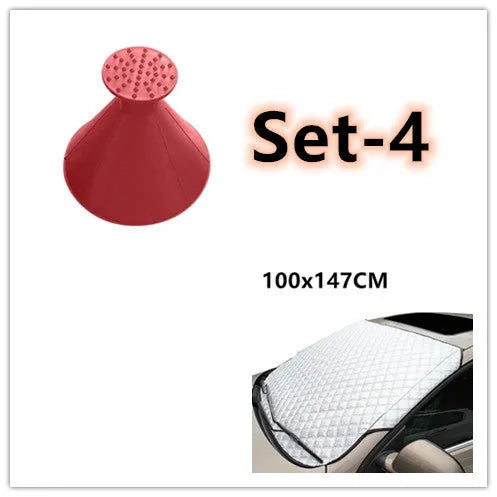 Car snow block front windshield cover in aluminized film, external anti-theft model, sizes 100x147C and 143X93.