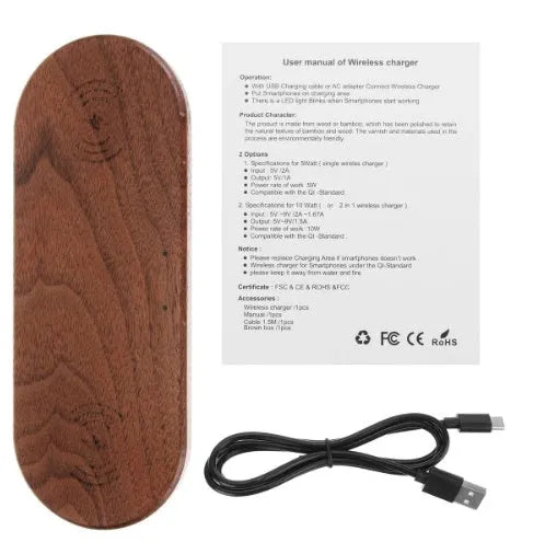 Wood wireless charger with natural bamboo finish showing Qi smartphone charging on top