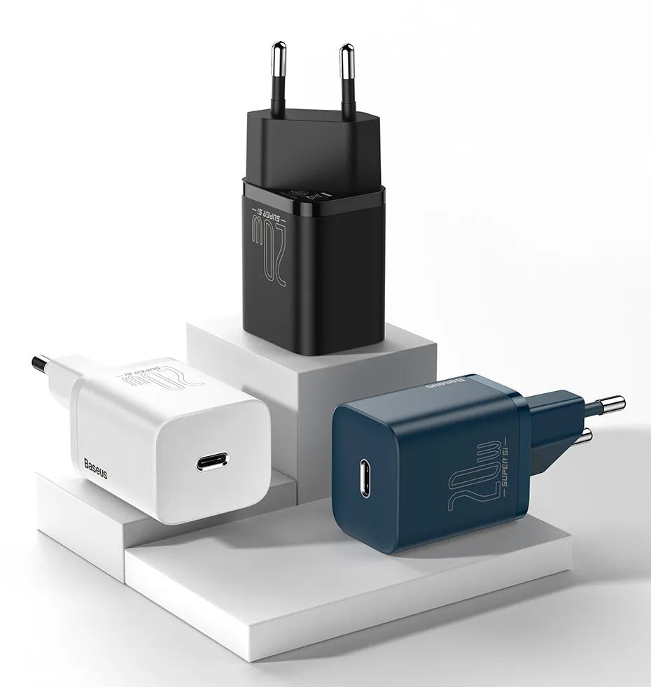Baseus Super Si 20W EU USB-C fast charger in black with European plug pins, compatible with iPhone