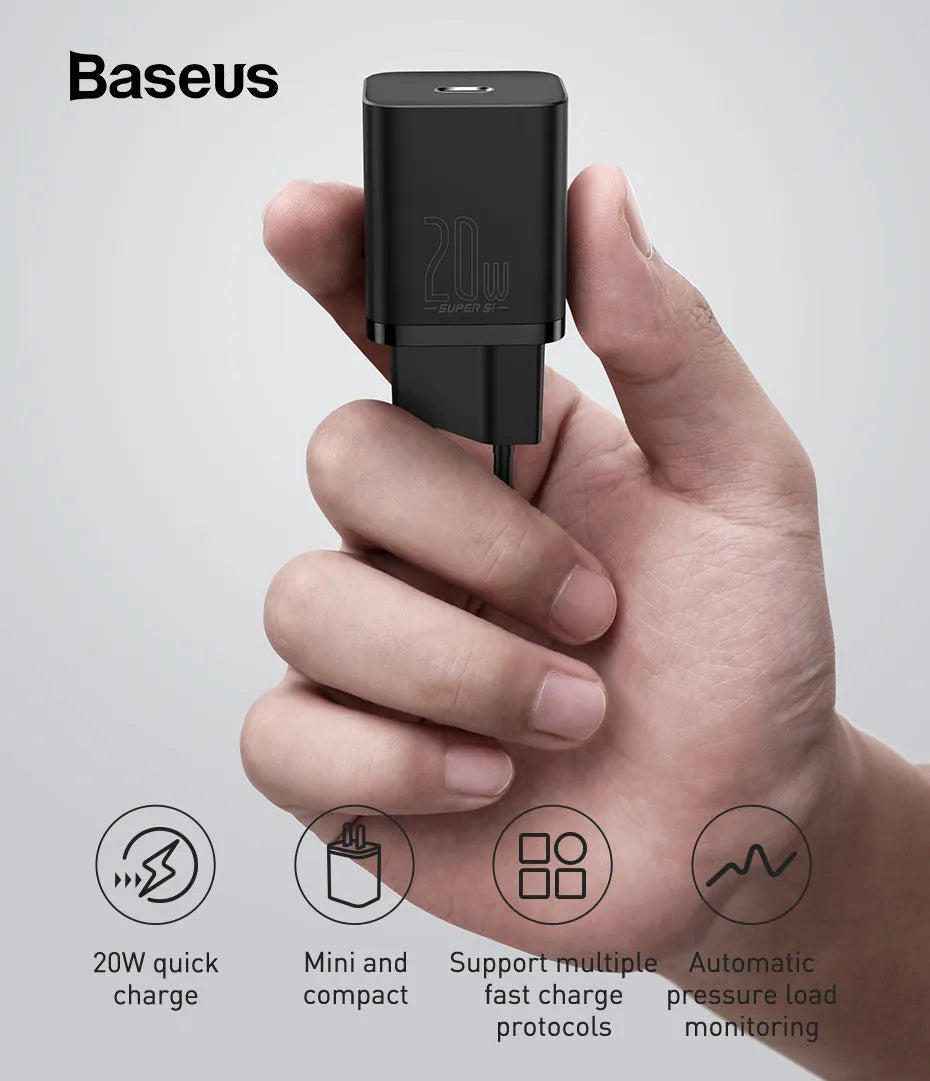 Baseus Super Si 20W EU USB-C fast charger in black with European plug pins, compatible with iPhone