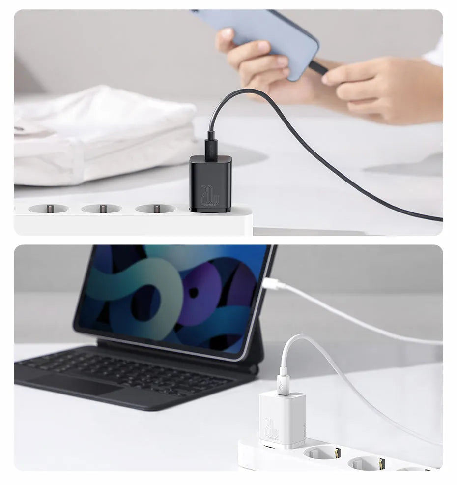 Baseus Super Si 20W EU USB-C fast charger in black with European plug pins, compatible with iPhone